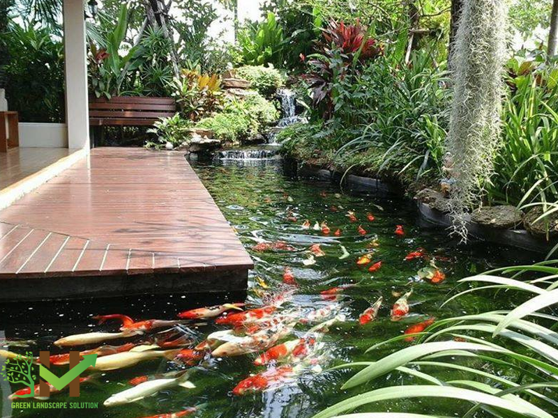 Ban công nhà bạn sẽ trở nên mát mẻ hơn hẳn khi có hồ cá koi thiết kế vây quanh như thế này.