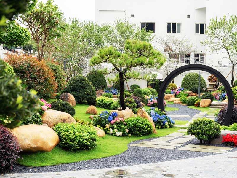 Thiết kế sân vườn Nhật Bản nổi bật với những bụi hoa nhỏ nhiều màu sắc rực rỡ xen kẽ bên lối đi uốn lượn mềm mại